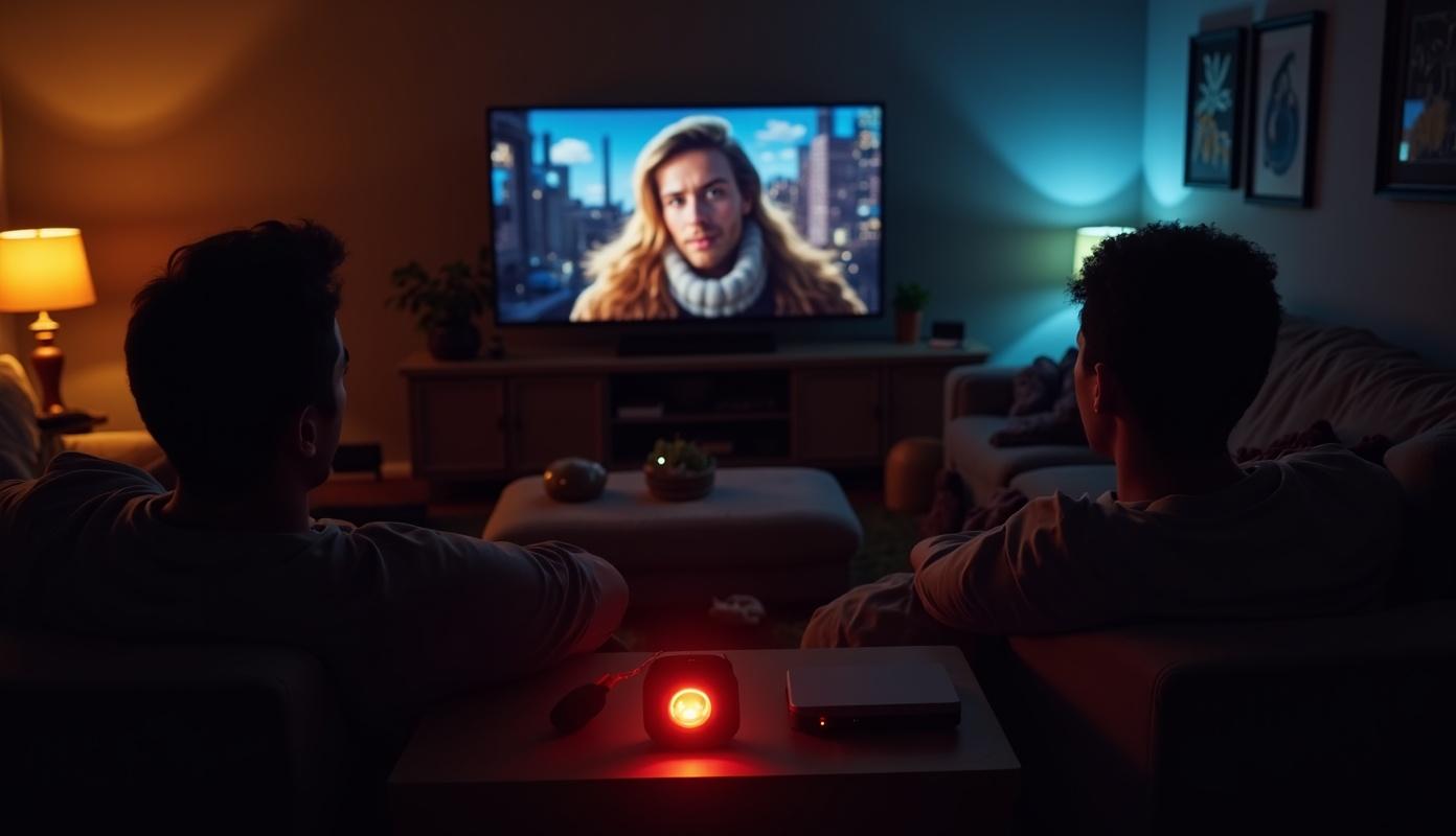 Venner ser film i stuen