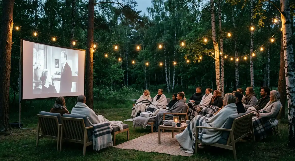 Mennesker samlet til en hyggelig udendørs filmvisning i skandinaviske omgivelser